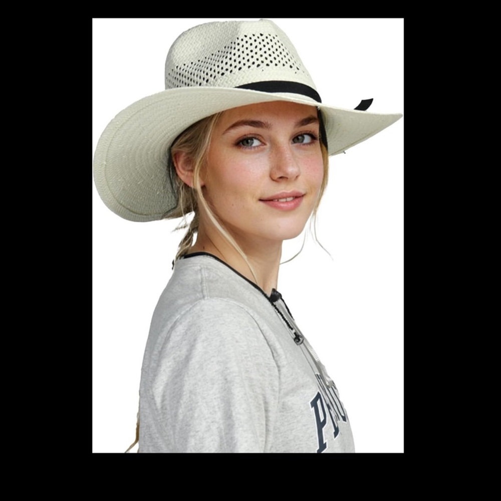 White Straw Sun Hat with Black Ribbon - Women